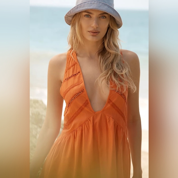 Anthropologie Other - NWT Anthropologie V-Neck Back-Cutout Mini Dress Orange Halter Swim Cover-up